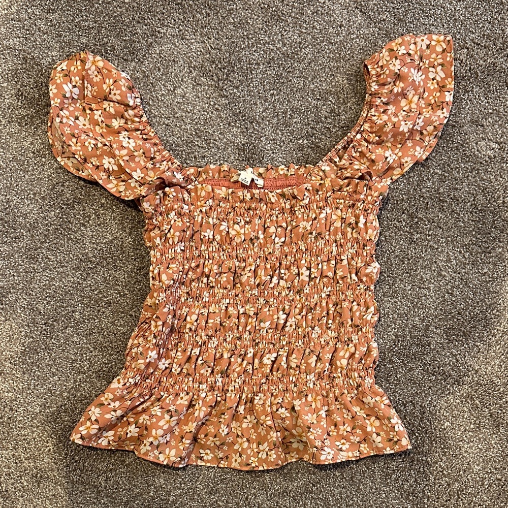 Moa Moa Floral Smocked Blouse in Brown and White